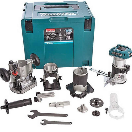 Fresatrice a bordo Makita DRT50ZJX3 18V LXT Brushless – Solo corpo con 4 basi e accessori in valigetta Makpac (senza batteria e caricabatterie)
